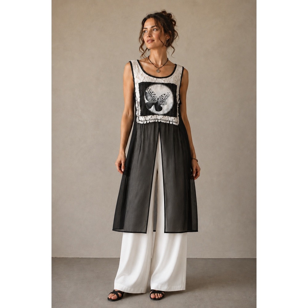 Simon Chang Butterfly Lace Overlay Sleeveless Sheer Midi Dress Black White Large